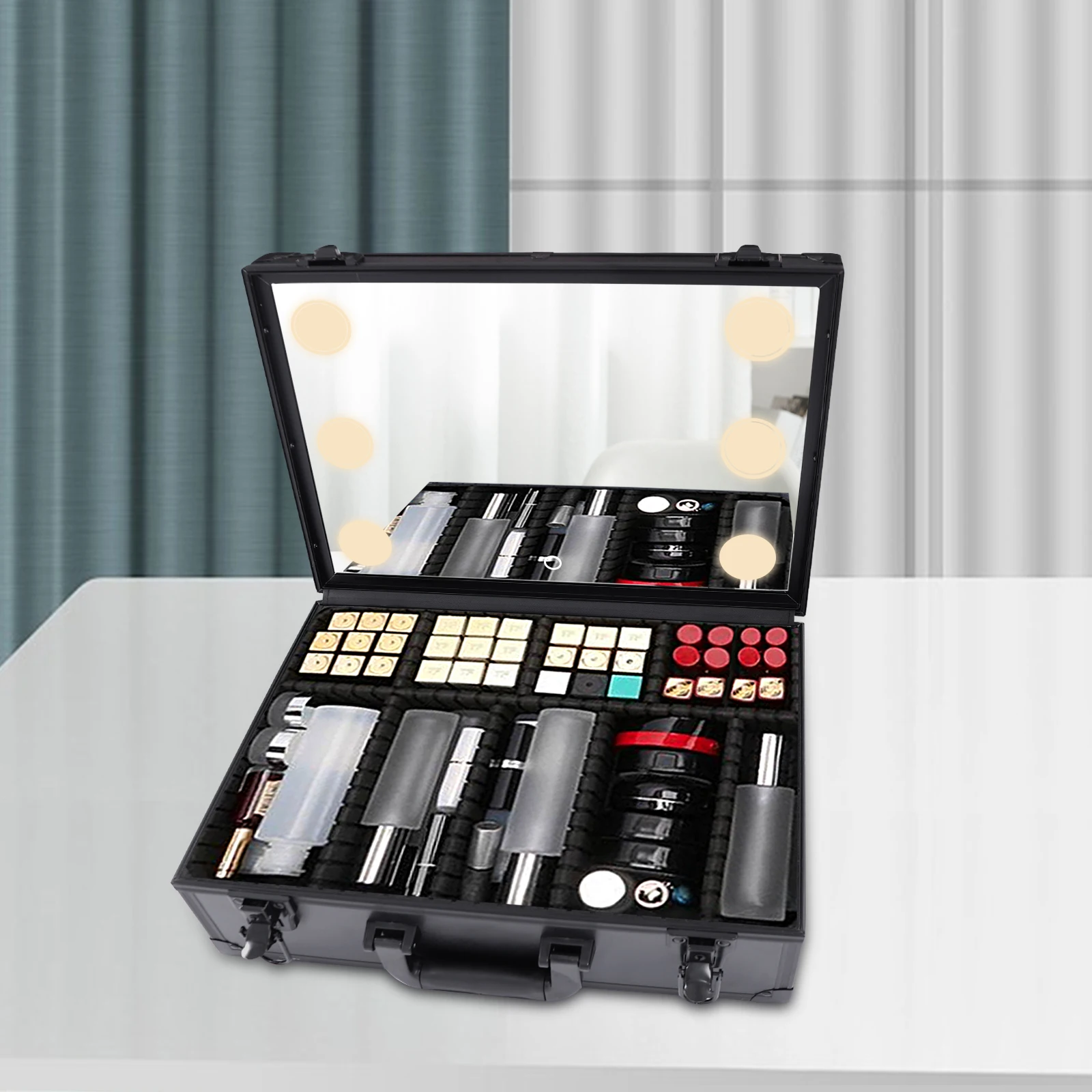

Makeup Train Case - Cosmetic Organizer Box Makeup Case with Lights and Mirror