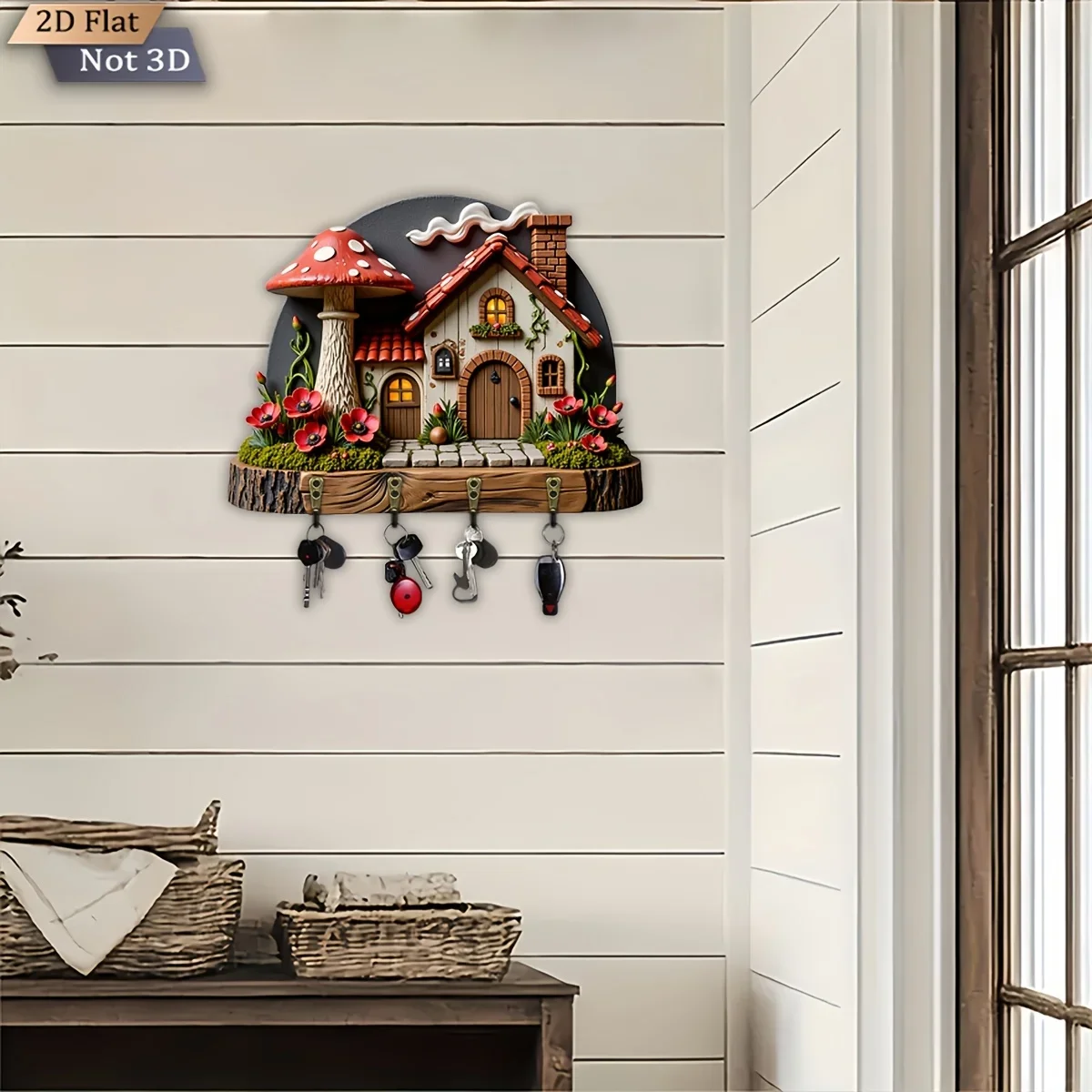2D Flat, 1pc, Fairy Tale Mushroom House Theme Style Key Hook Wooden Multifunctional Home Key Hanger, Comes with Four Metal