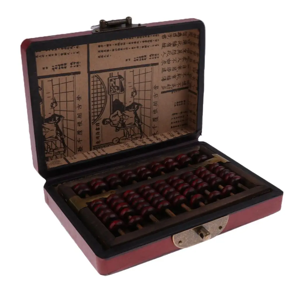 Vintage Chinese Wooden Bead Arithmetic Abacus with Box Classic Ancient Calculator Counting Collection Gift for Children Adult