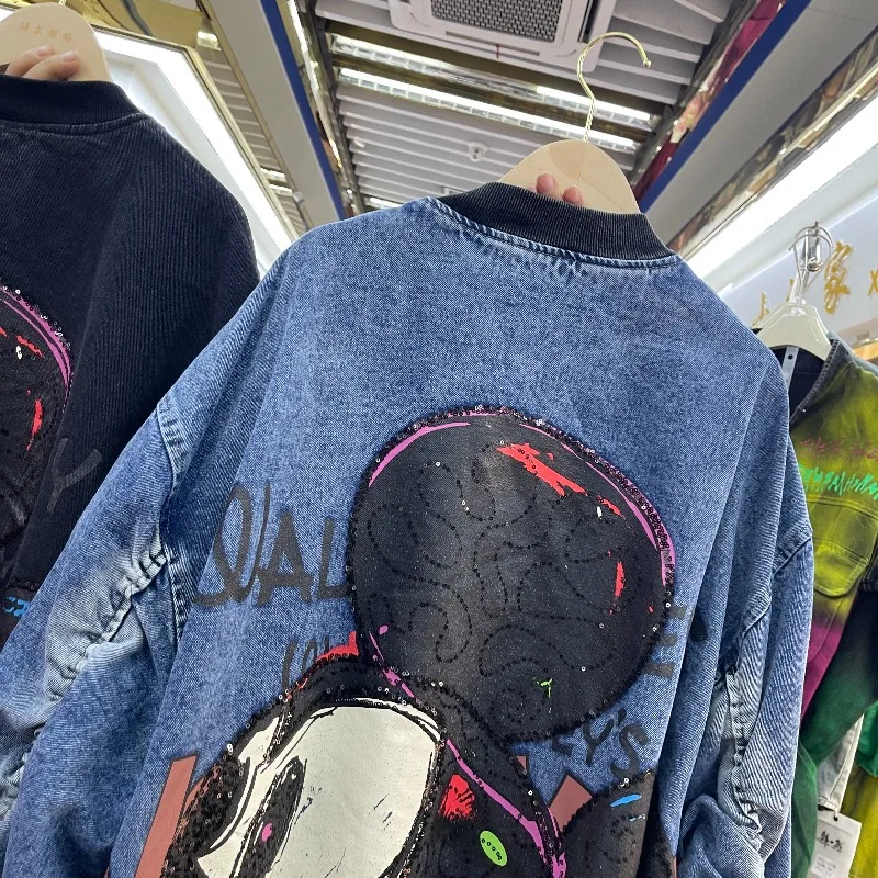 2025 Autunno Nuovo Allentato di Media Lunghezza Felpe Industria Pesante Cartoon Design Lavato Vintage Felpa Giacca a maniche lunghe Cappotto con cerniera