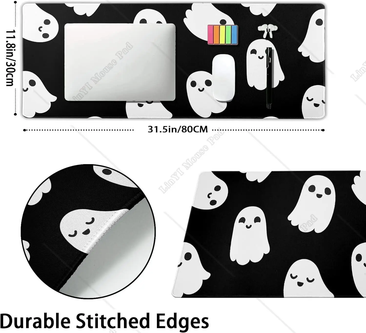 Halloween Cute Ghost Mouse Pad Cartoon Spooky Funny Desk Mat Non-Slip Rubber Base Stitched Edge Large XL  Mousepad for Laptop