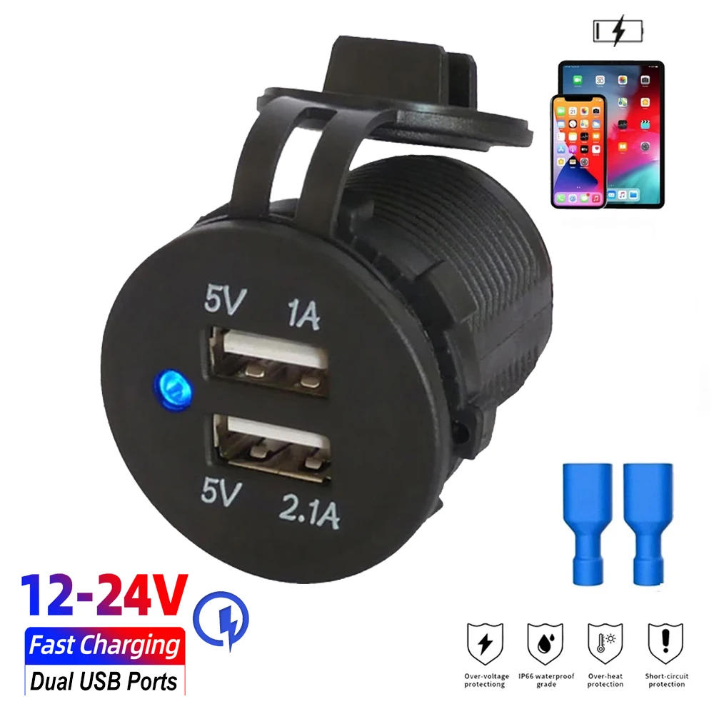 

12-24V Dual USB Car Charger Socket 5V/3.1A Waterproof Car Charger For Truck RV Boat