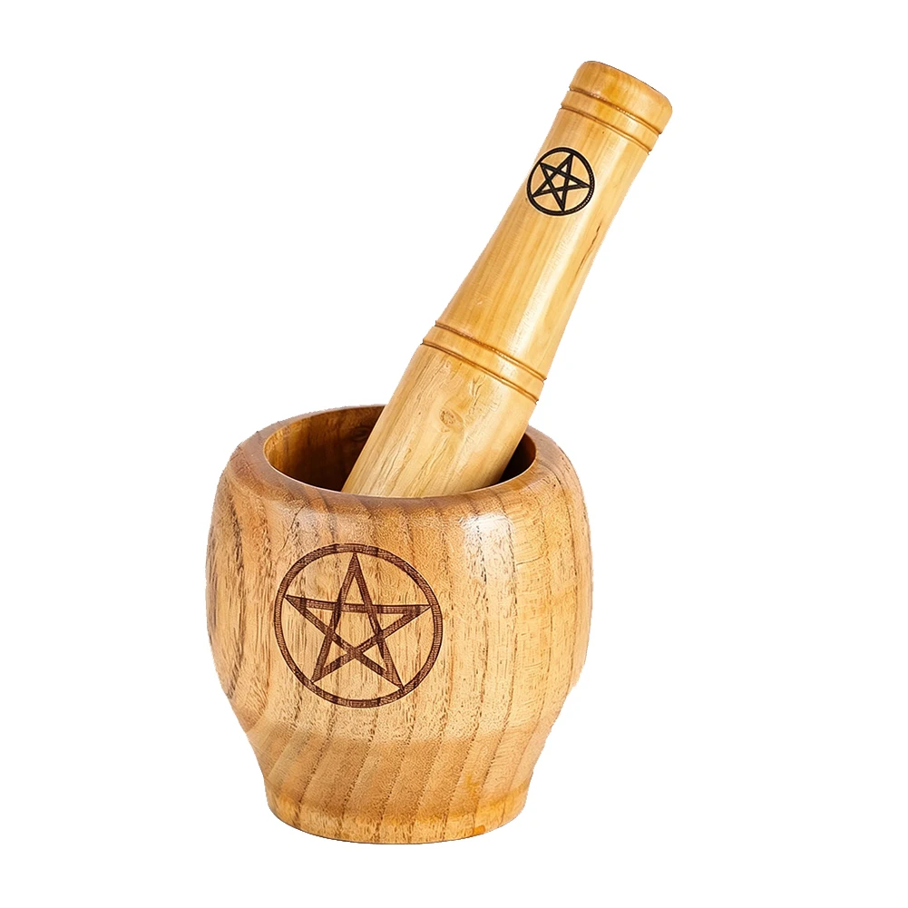 Natural Wooden Mortar And Pestle With Pentacle Symbol Engraving Herb Spice Grinder Bowl Multi‑Purpose Kitchen Grinding Tool