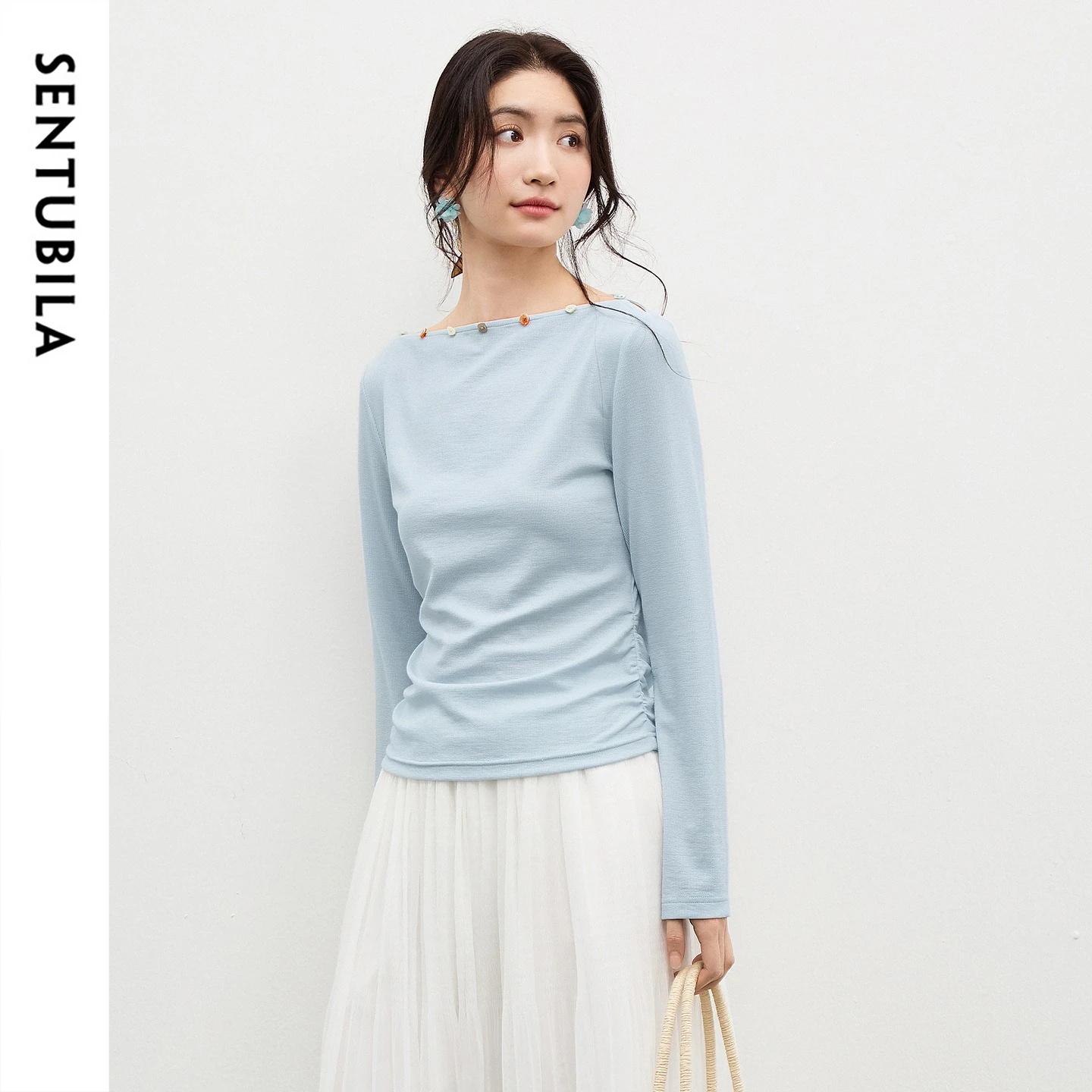 SENTUBILA Lyocell Off Shoulder Top Women T Shirts 2026 Spring Two Way Neck Stretchy Knit Basic Tee Woman Clothes  Q61TA5697