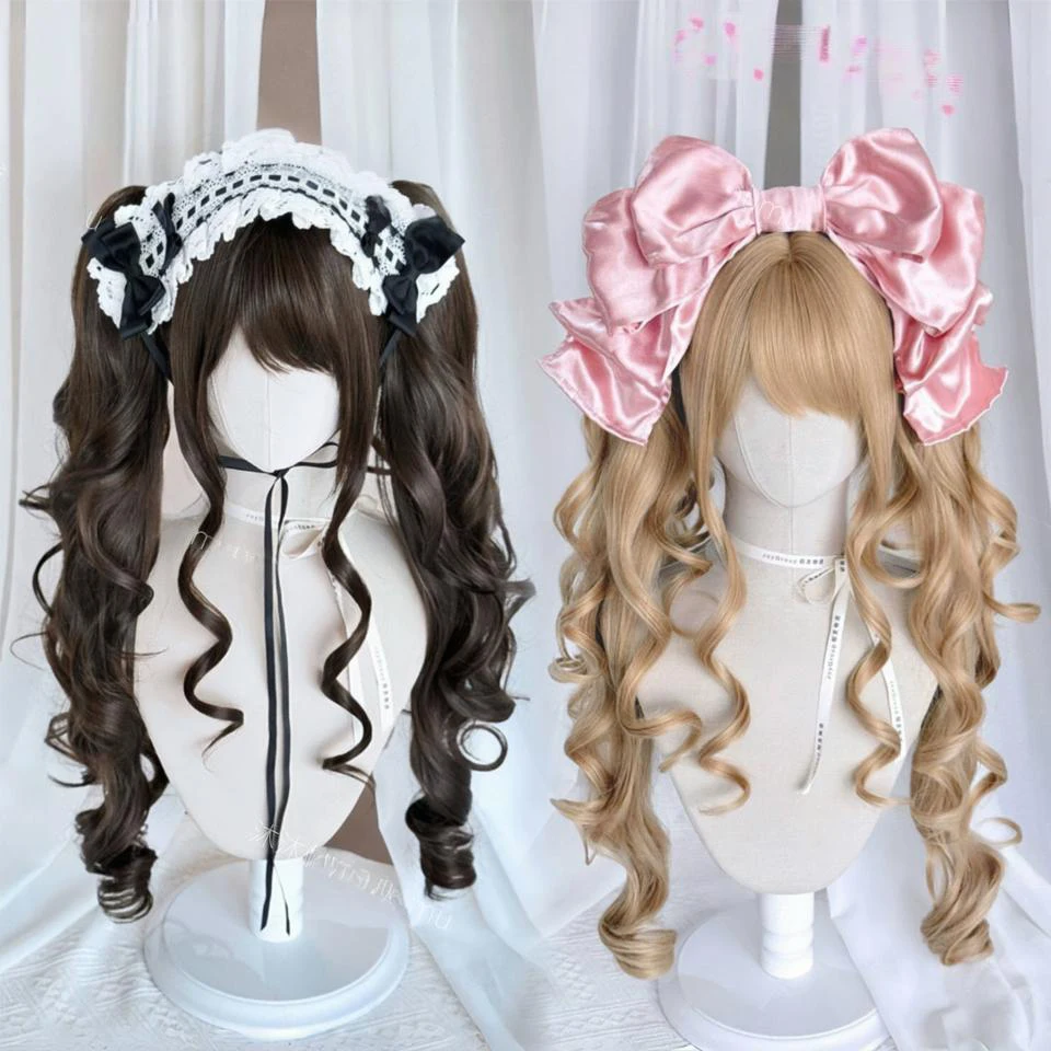 Long Wave Cosplay Wig with Double Ponytail For Women Daily Party Lolita Synthetic Wigs Gold/Chocolate Heat Resistant Hair