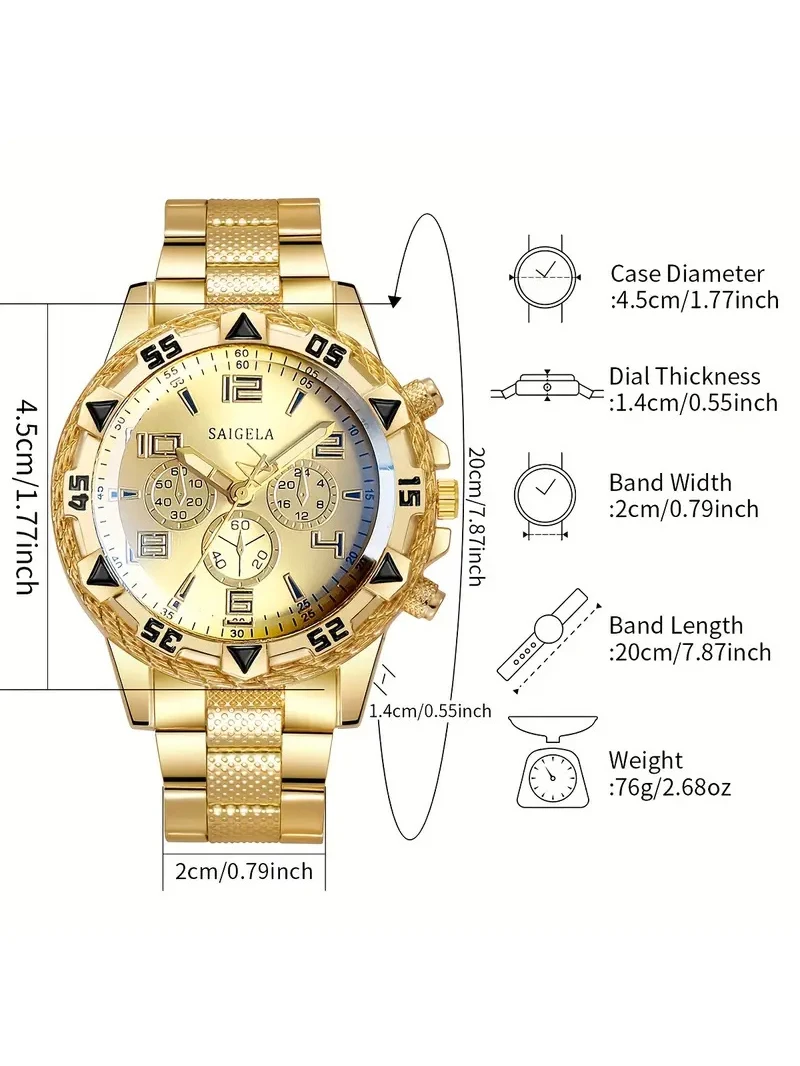 Reloj de cuarzo con pulsera de acero de negocios para hombre de aleación de oro y conjunto de anillo y collar con pulsera de cadena: un regalo de cumpleaños para él