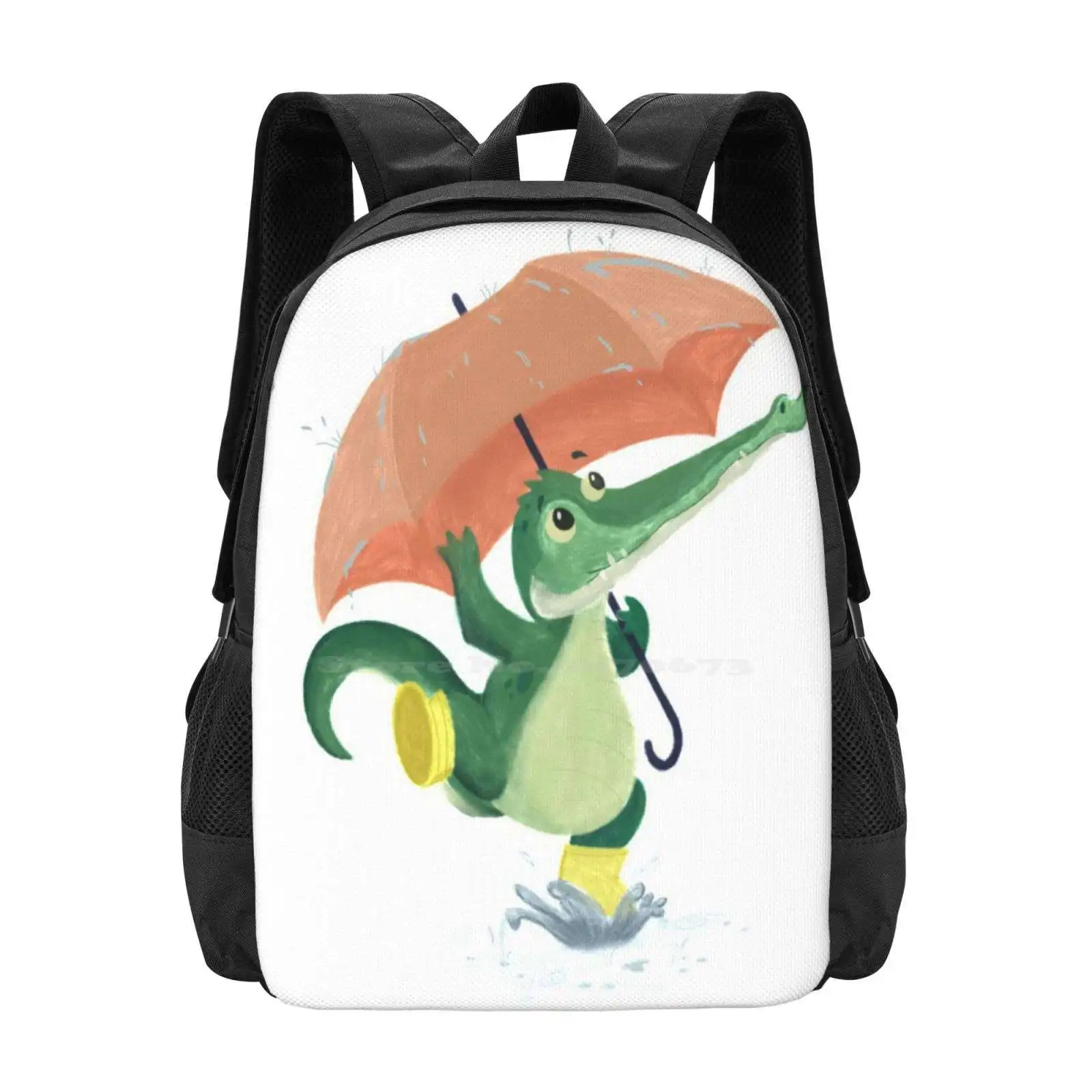 Croc Dancing In The Rain 3D Print Design Backpack Student Bag Crocodile Alligator Umbrella Rainboots Dance Reptile Dino Animal