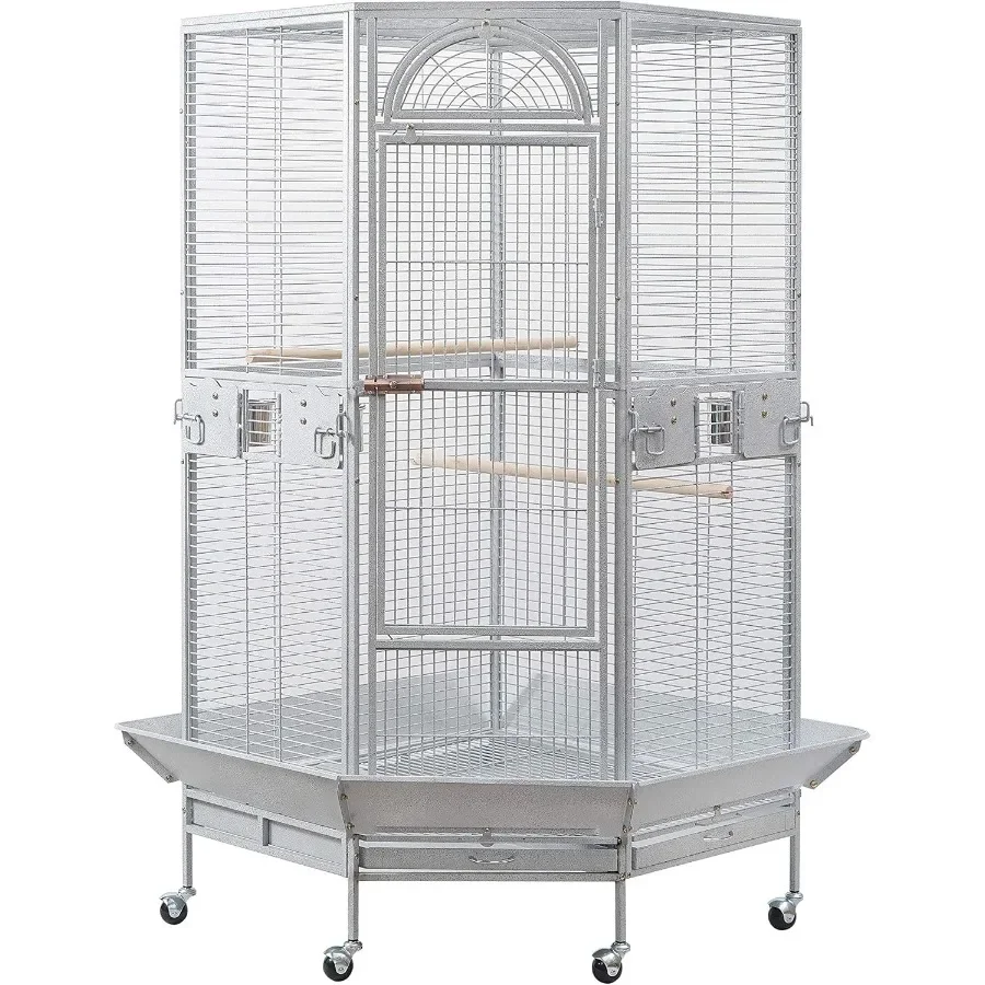 

Corner Bird Cage for Cockatiel Parakeet with Black and White Design Featuring White Vein Pattern Ideal for Small Bird Habitats