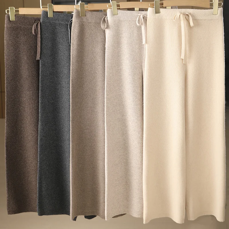 

Women's Pure Color Versatile Fashion Wide Leg Pants 100% Merino Wool Knitted Autumn Winter Warm Lady Office High Waist Trousers
