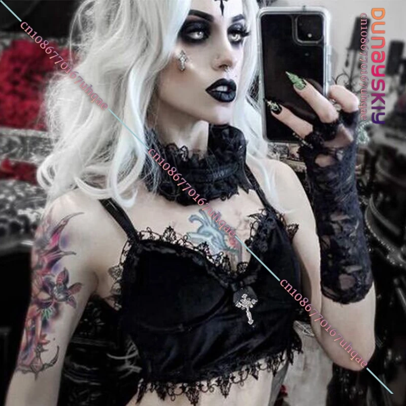 

Halloween Carnival Goth Sexy Lace Corset Crop Tops Camis Y2K Harajuku Aesthetic Black Cross Basic Tank Top Summer Women Cosplay
