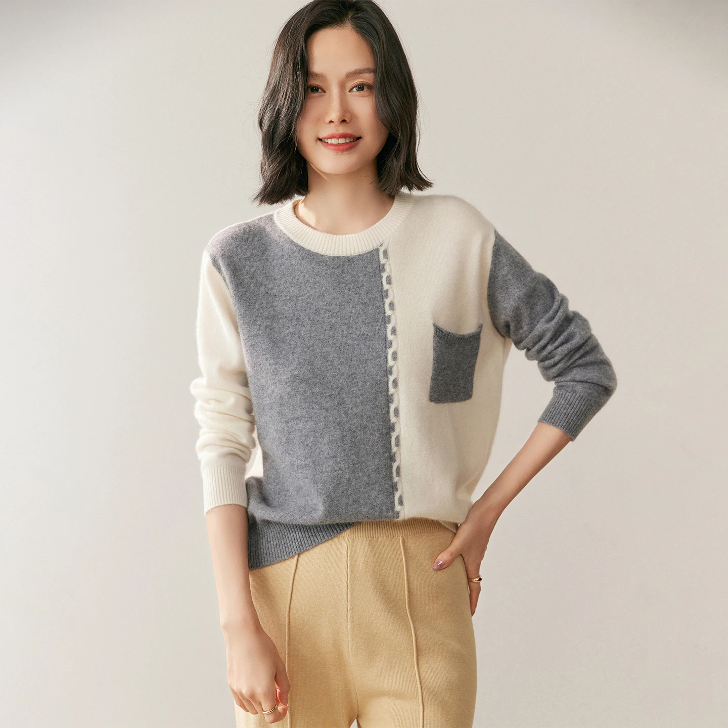 

100% Pure Cashmere Jacquard Sweater Women's Round Neck Color Matching Knitwear High-End Loose Clothes Autumn Cashmere Pullover