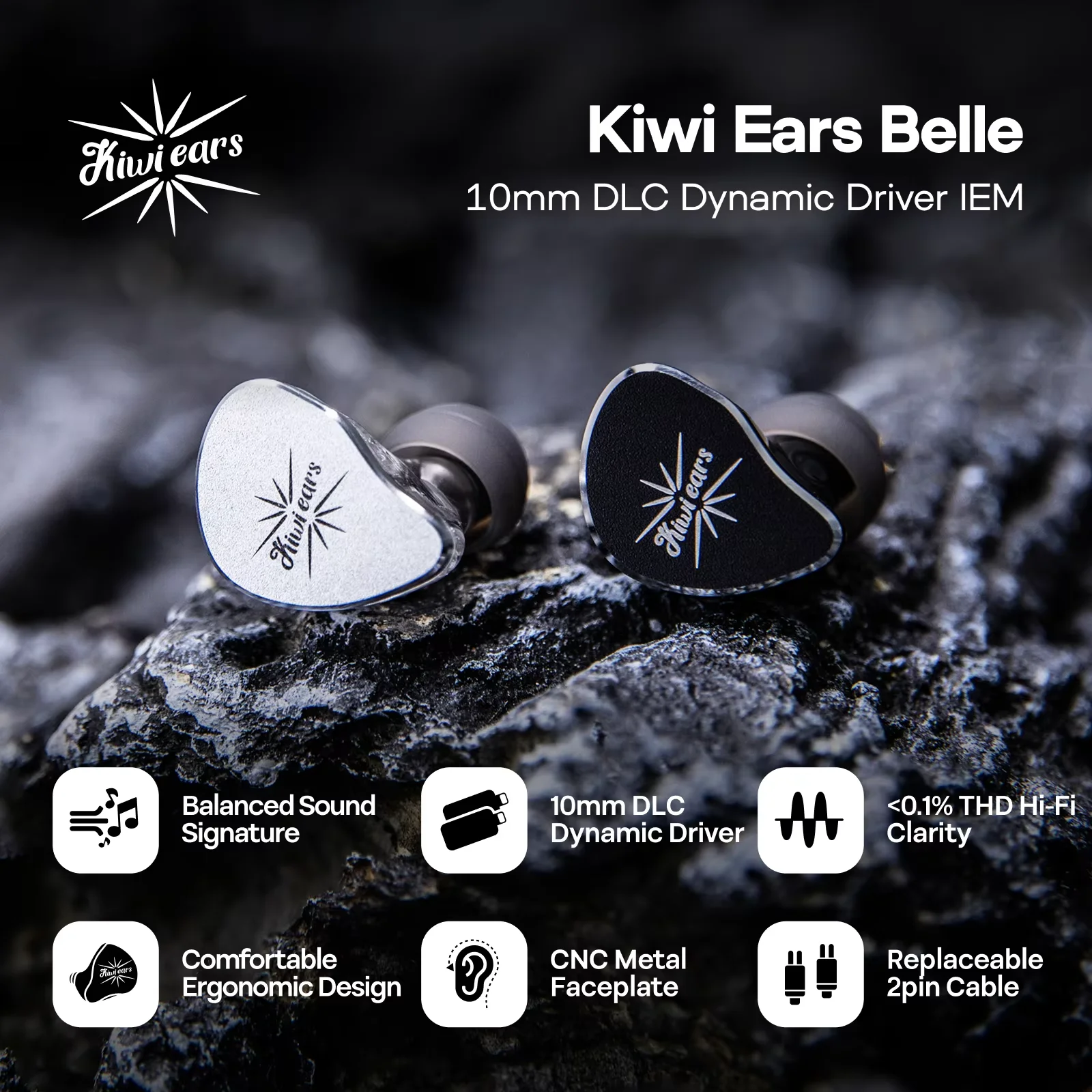 Słuchawki douszne Kiwi Ears Belle 10mm DLC Dynamic Driver IEM Hifi z metalową obudową obrabianą CNC — zdjęcie produktu 3