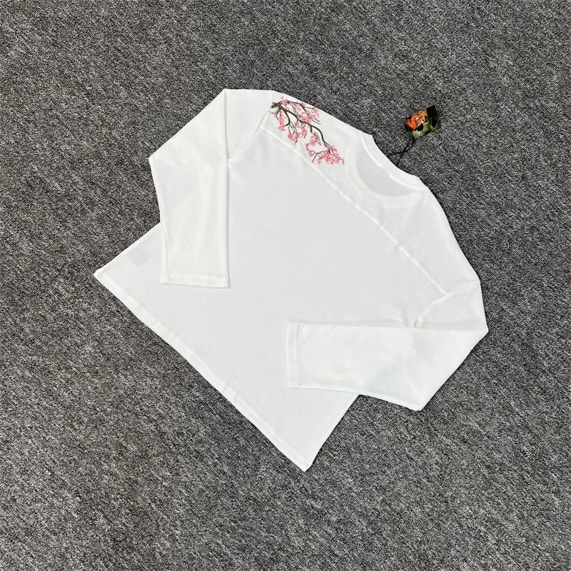 

Derschutze Blossom T-Shirts Men Women Embroidery Sakura Casual White Waffle Breathe Long Sleeve T-shirts