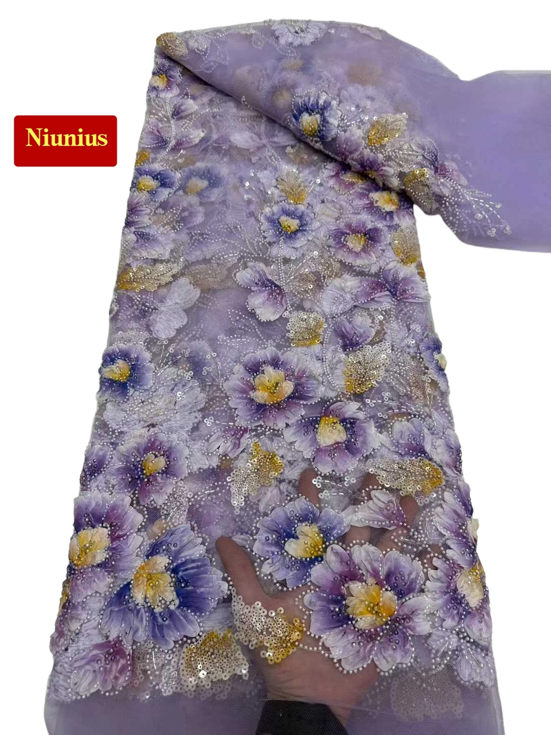 2026Wedding Dress Lace Fabric -Mixed colors Embroidered Tulle Soft Mesh Chiffon with Pearls for Evening Gown NN5918_R