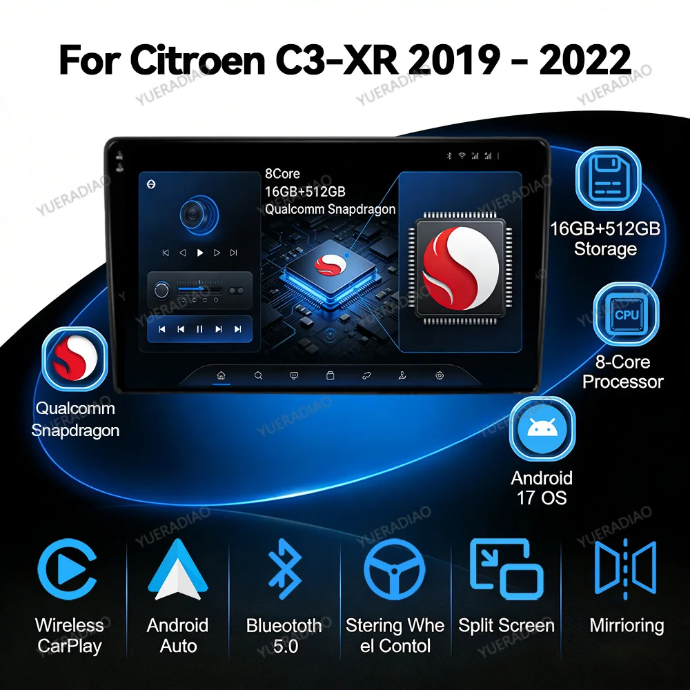 Android 17 Car Radio For Citroen C3 XR 2019 2020 2021 2022 DVD Mirror Link Head Unit GPS NAVI 2K QLED Double Din 4G LTE 5G WIFI