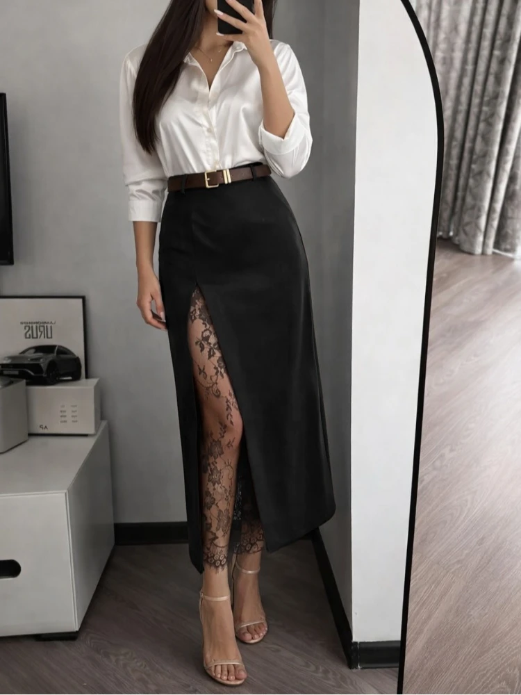 

Brown Lace Hollow Out Patchwork Skirt Women Sexy Solid Waist Cinching Split Mid-length Bottom Lady Chic Summer Daily Skirts New