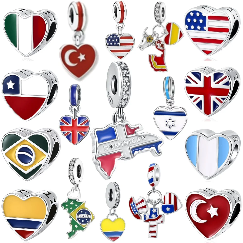 جديد 925 الفضة والأمريكية والبرطانية وتركية وإيطالية وعلم كولومبي قلادة الخرز سوار أوروبي أصلي لتقوم بها بنفسك مجوهرات رائعة #1