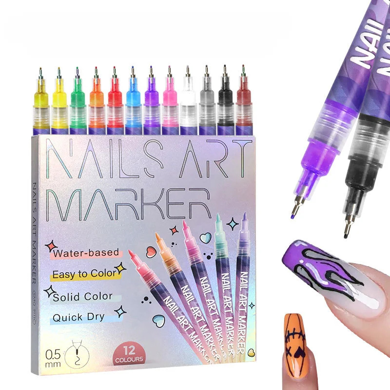 12 Color 0.5mm Needle Tip Nail Graffiti Pen Acrylic Pigment Painting Pen Nail DIY Quick Drying Dot Flower Hook Line Markers Pen