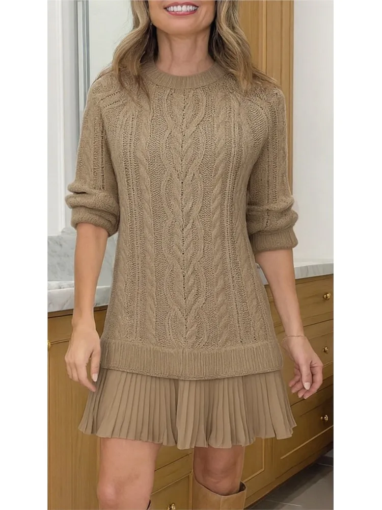 Элегантный однотонный свитер с длинными рукавами и круглым вырезом + короткая юбка ​ ​ Мини-платье для женщин, модное осеннее платье-свитер, женское