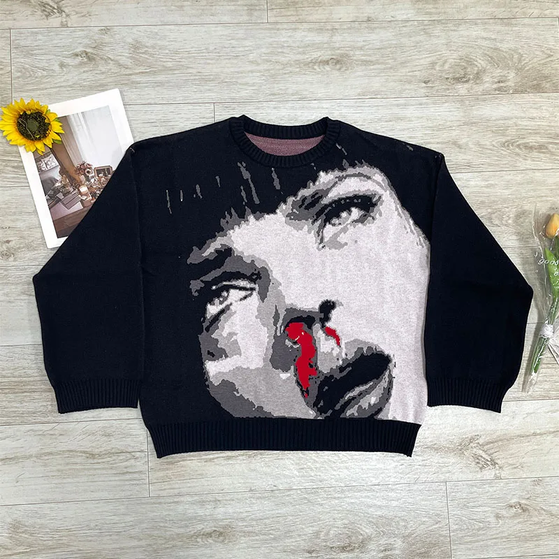 

2025 BIG PROMOTION Y2K Autumn Winter Portrait Jacquard Women's Knitted Sweater Fashion Design Sense Small Round Neck Pullover