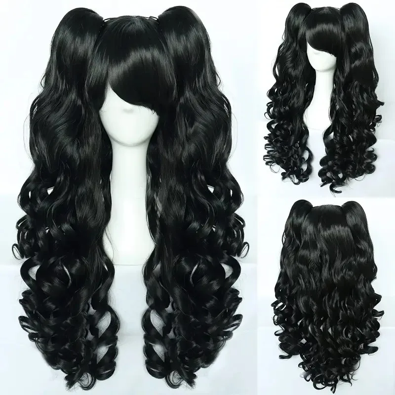 Halloween Ball Dress Up Twintails Wig Party Clothing Accessories Headwear Black Big Wave Long Hair Woman Lolita Cos Headgear