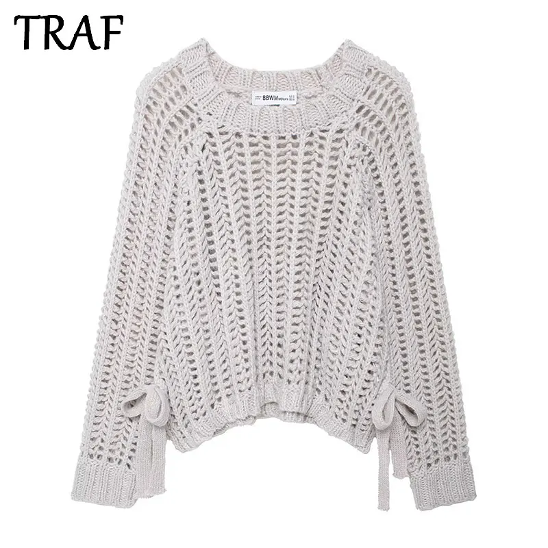 

TRAF 2025 Knit Crop Tops Woman Short Sleeve Pullovers Knitted Short Sweaters for Women Tied Knitwears Fashion Ladies Sweater
