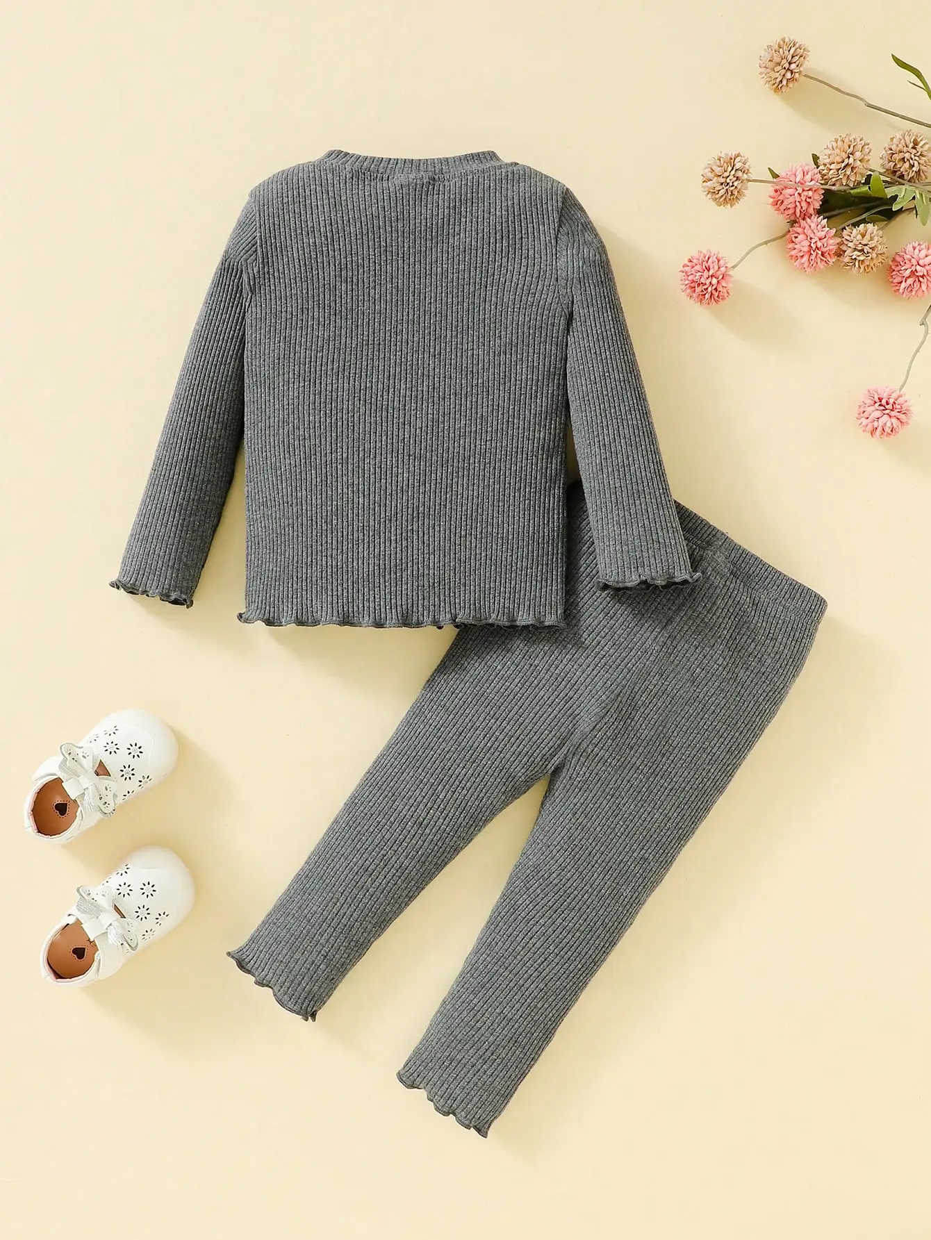 Toddler Girl Solid Color Outfit Long Sleeve Round Neck Pullover Tops Long Pants 2 Pieces Autumn Winter Baby Girl Clothes Set