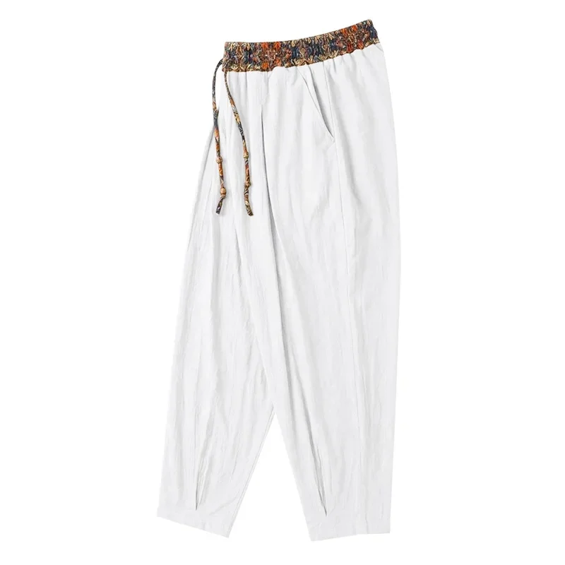 Herren 95% Leinen Haremshose Boho Blumenmuster Kordelzug Taille Lässige Weite Hose Strand Urlaub Knöchellange Hose – Detail 10