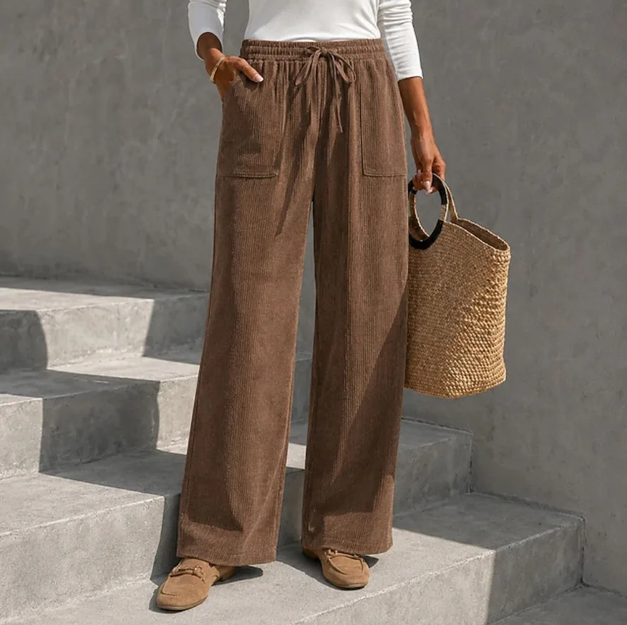 Pantalones de pana para mujer, de corte amplio, con cintura elástica y cordón ajustable, ideales para el otoño e invierno.
