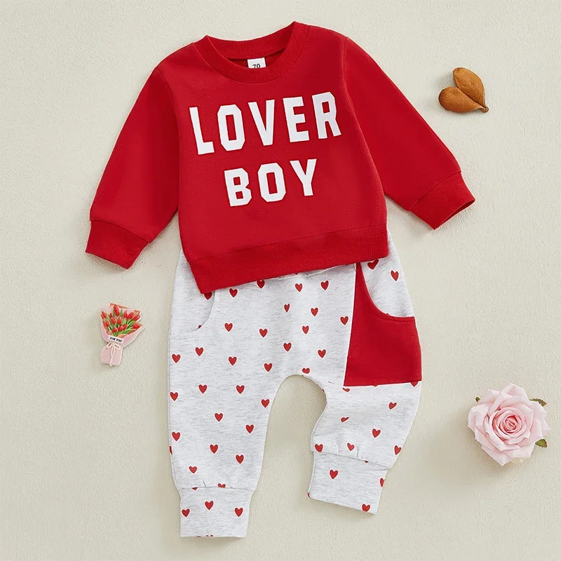 Baby Boy Valentine’s Day Outfits Long Sleeve Sweatshirt Heart Print Pants Set Newborn Autumn Spring Clothes