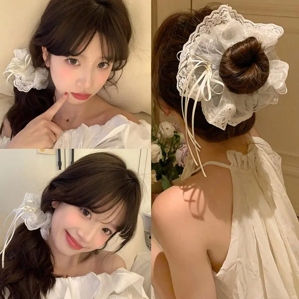 Fashion Mesh Ribbon Bow Scrunchies Hair Accessories Solid Color Organza Bowknot Tassels Hair Rope Ponytail Holder Hair 