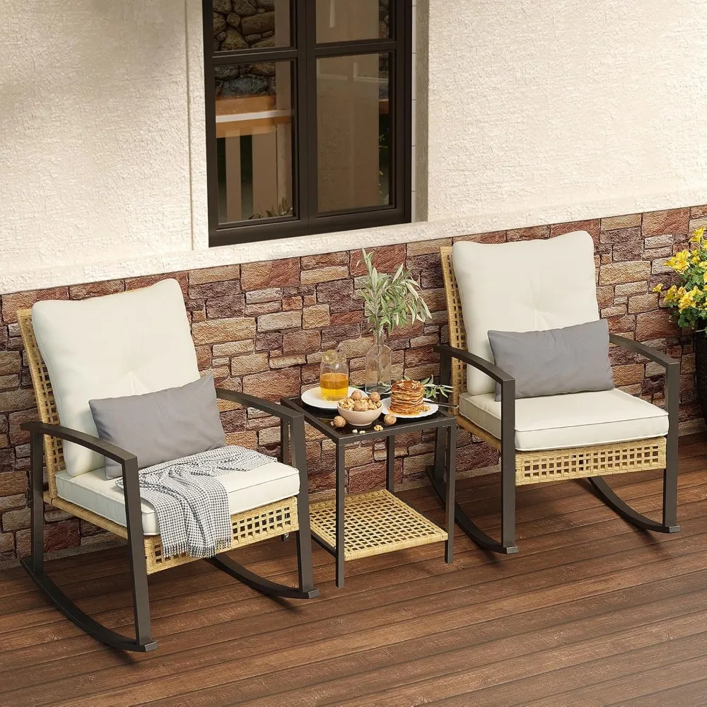 

3 Piece Patio Rocking Chairs Set of 2, Outdoor Rocking Chair Bistro Set with Tempered Glass Coffee Table and Thick Lumbar Pillow