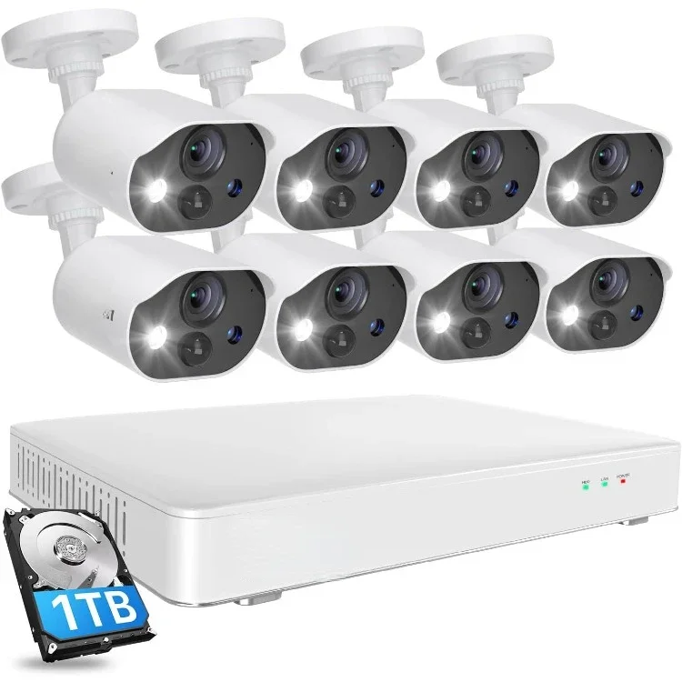 Home Security Camera System with Audio, 8CH 3K Lite H.265+ DVR with 1TB HDD, 8pcs 1080P Outdoor CCTV Cameras