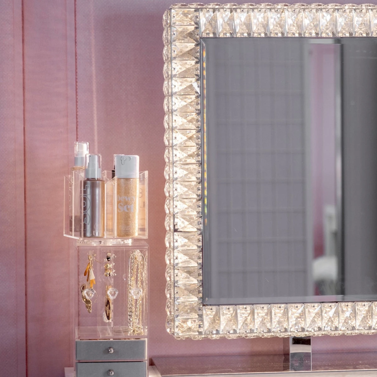 Modern Design Crushed Crystal LED Vanity Mirror with Touch Switch Smart Aluminum Lenses for Bathroom Salon or Apartment