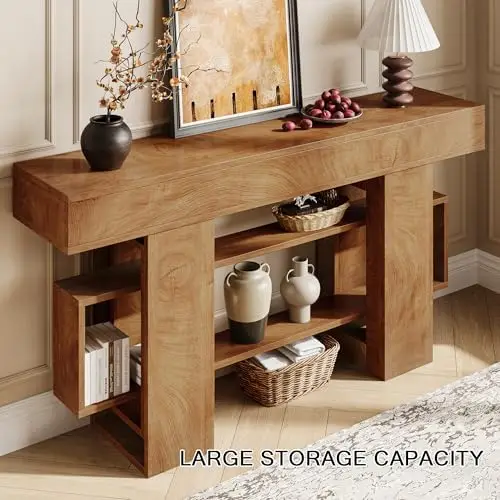 63 Inches Entryway Table, Wooden Console Table with Storage, Narrow Sofa Table Behind Couch, Farmhouse Long Entry image 6
