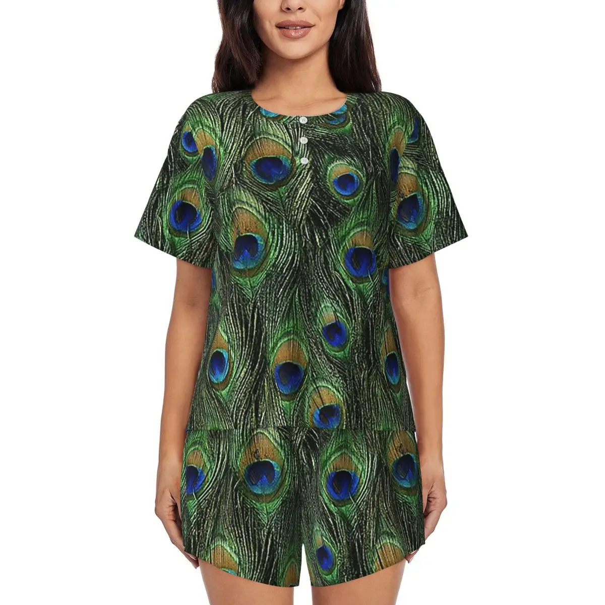 

Ночные рубашки с круглым вырезом и короткими рукавами с павлиньими перьями, женские мягкие пижамные комплекты с короткими штанами