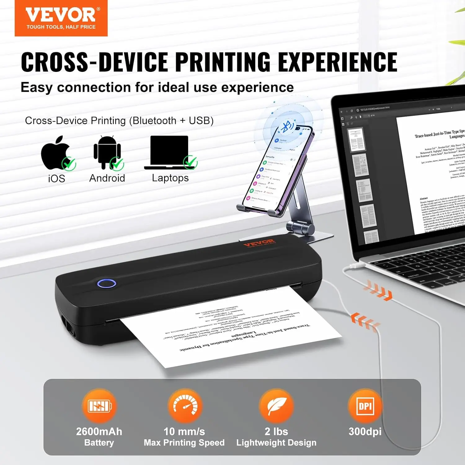 Portable Thermal Printer - 2600mAh Battery, 300 DPI, Bluetooth Inkless Mobile Printer for A4, A5 & 8.5