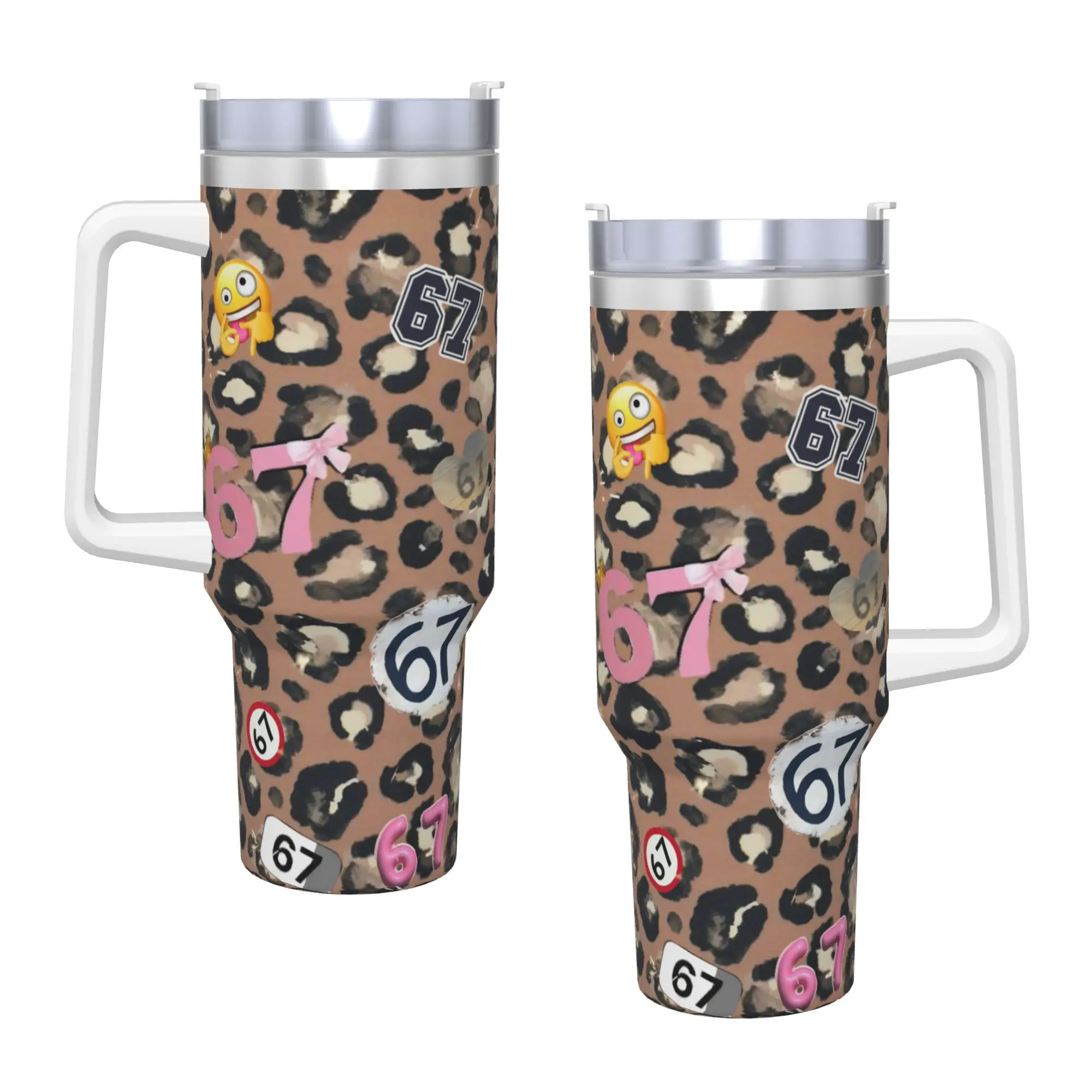 67 Six Seven Meme Leopard Stainless Steel Tumbler  Camping Thermal Mug Large Capacity Mugs Cup Cold and Hot Water Bottle