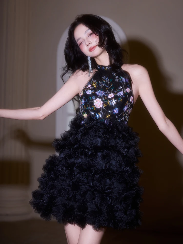 

Элегантное вечернее платье для дня рождения, черное, с открытыми плечами, класса люкс, для женщин, в корейском стиле, на молнии