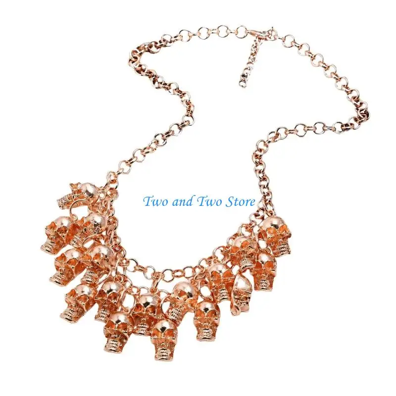 HX6F Statement Skull Pendant Necklace with Alloy Chain Drape for Gothic Styling