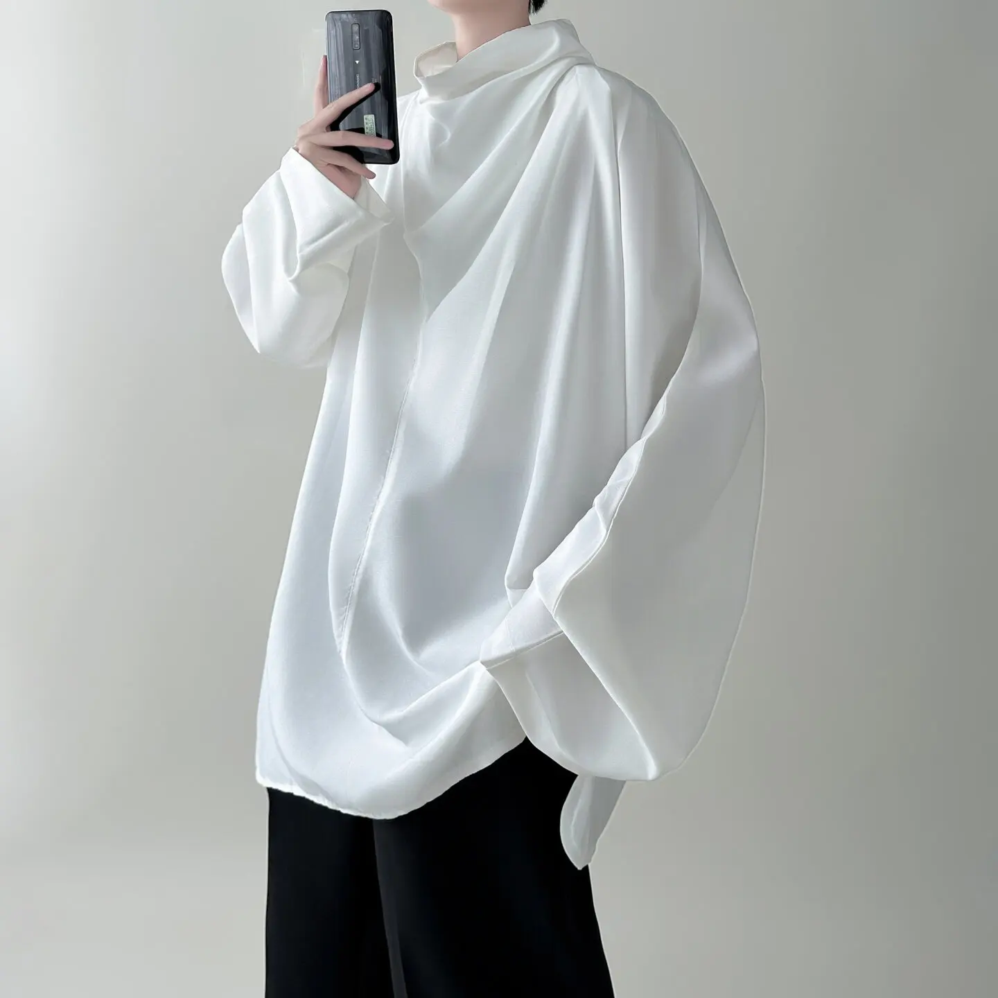 Spring Unisex Long Sleeve Shrit 2026 Elegant Solid White Top Asymmetrical Mock Neck Silky Draped Slouchy Long Sleeve T Shirt