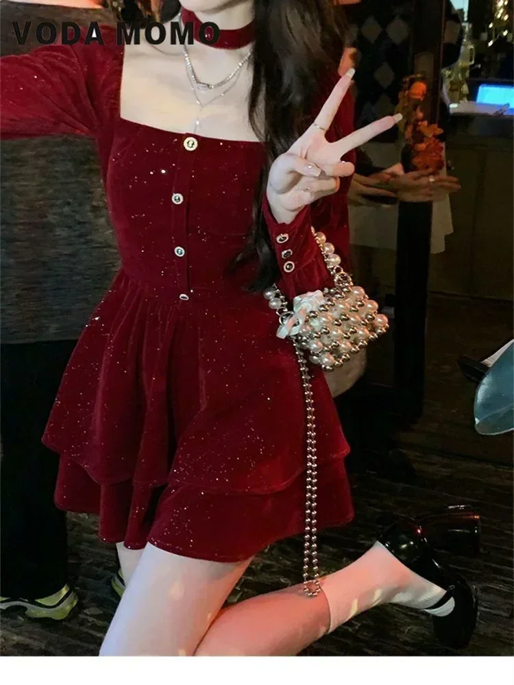 Retro Mini Dress Female Korean Fashion Party Solid Casual Dress Autumn Winter 2023 Elegant Velvet Dress Women France Temperament