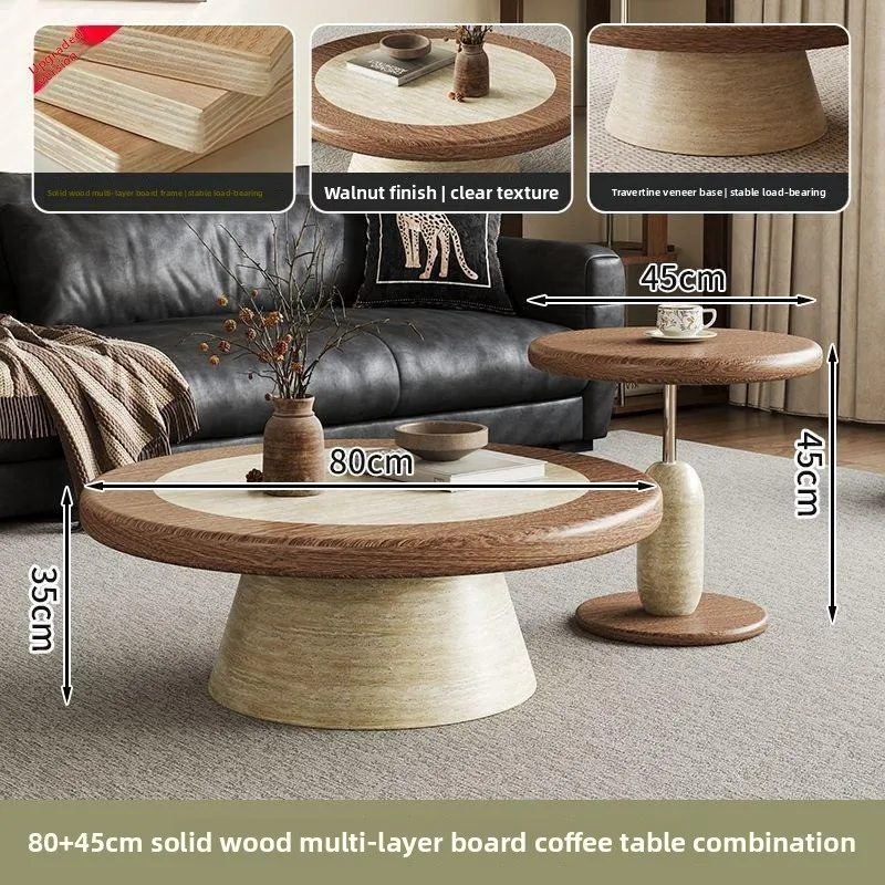 Large and small round hole stone coffee table combination, small apartment living room medieval and advanced sense