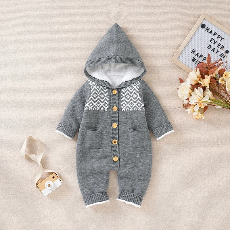 Winter Baby Romper Long Sleeve Newborn Girl Boy Jumpsuit Outfit Knitted Infant Kid Clothing Fashion Hooded Onesie 0-18M Playsuit