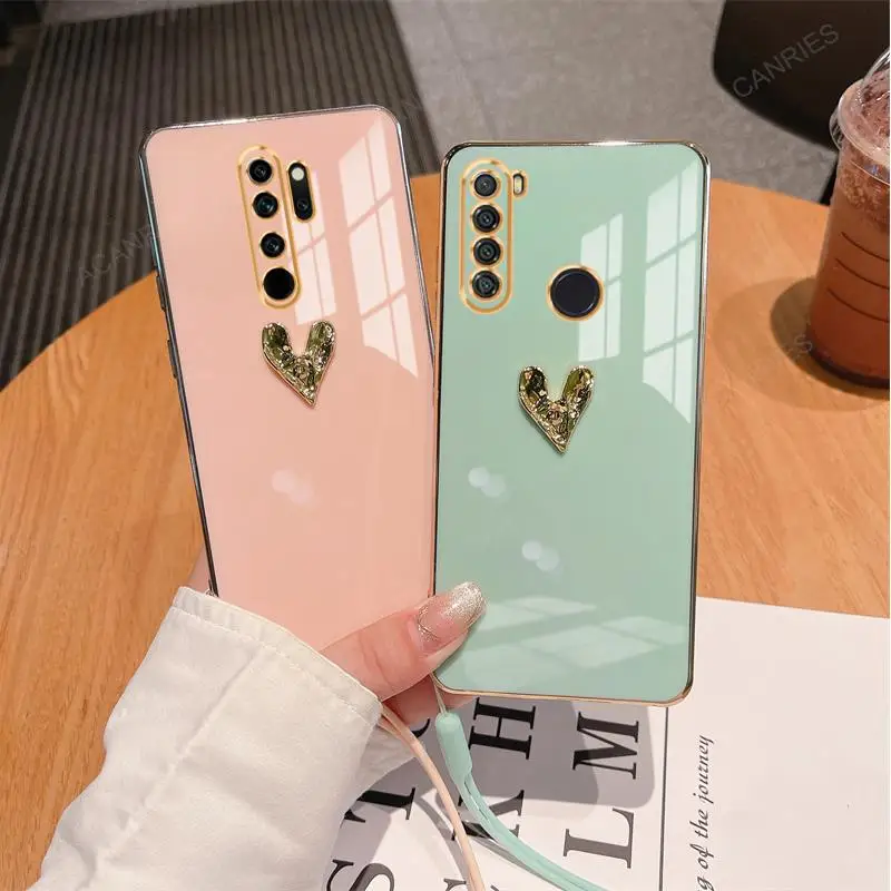 Luxury Plating Cute 3D Love Heart Case For Xiaomi Redmi Note 8 Pro 8t Women Soft Silicone Strap Back Cover On Note8 T 2021 8pro