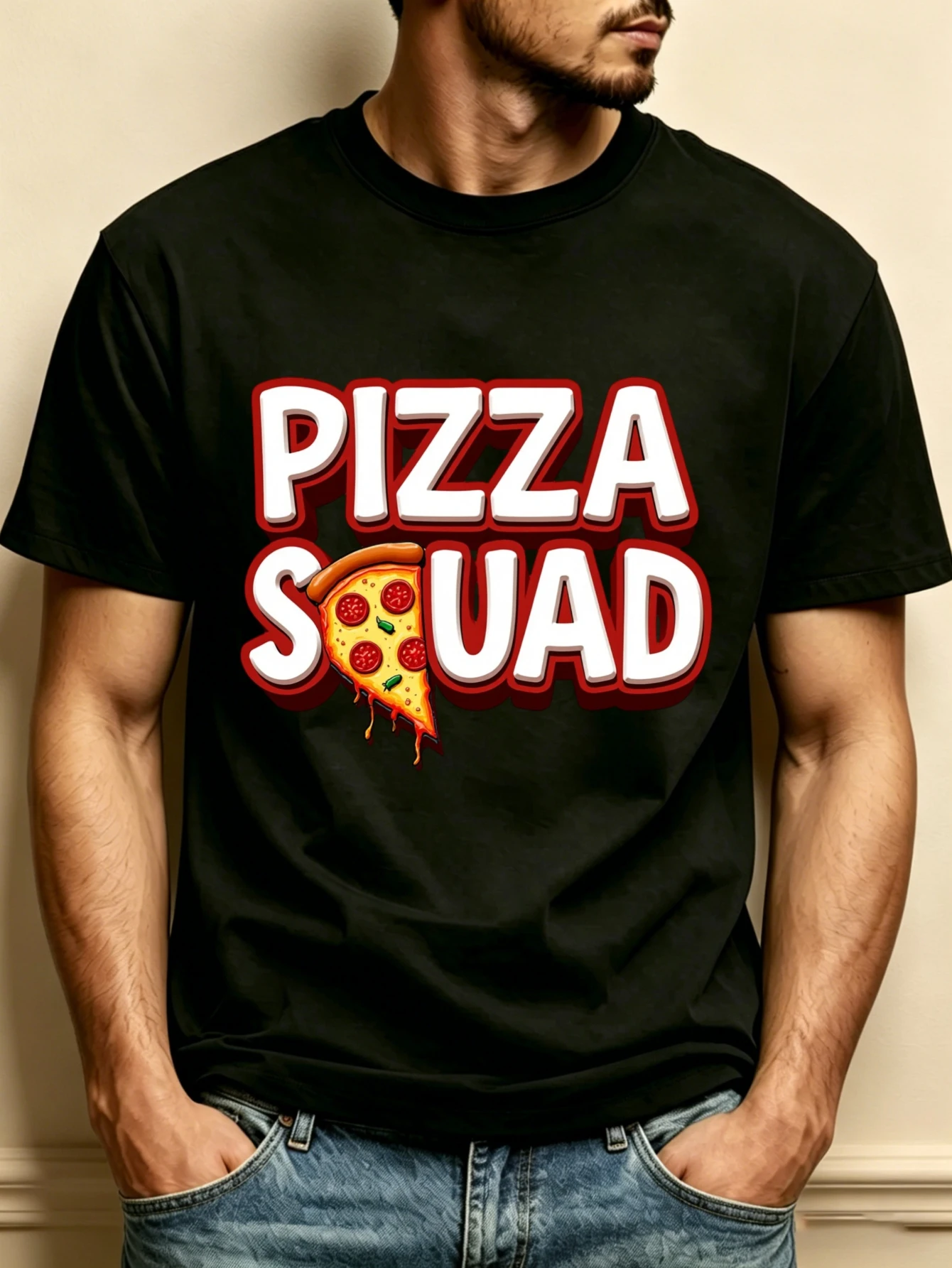 Pizza Squad Pattern Design Men's Crew Neck T-Shirt, Loose Fit, Stylish and Versatile, Soft and Comfortable Fabric, Suitable for Daily Wear and Holiday Gifts, Pizza Slice and Text Theme, Casual Summer and Autumn Clothing, Perfect for Food Lovers and Pi