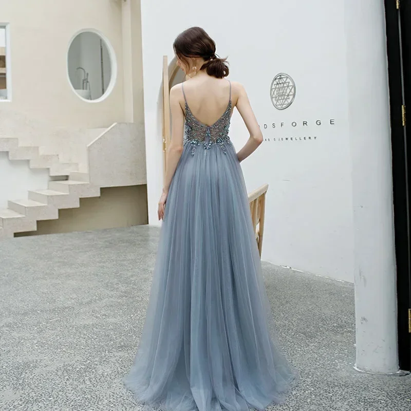 2024 Blue Elegant Sexy  V Neck Long Slip Applique Split Tulle Perspective A-line Prom Dress Party Evening Dresses for Women