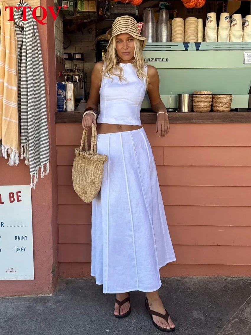 

TTQV Summer Loose White Cotton Women's Two Pieces Set 2026 Sexy Sleeveless Crop Top With High Waist Long Skirt Set Streetwear