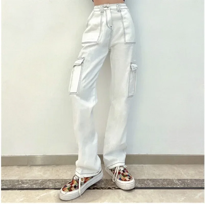 

Autumn New Women Solid Color Cargo Pants High Waist Straight-leg Buckle Jeans With Pockets Khaki Brown Baggy Casual Trousers Y2k
