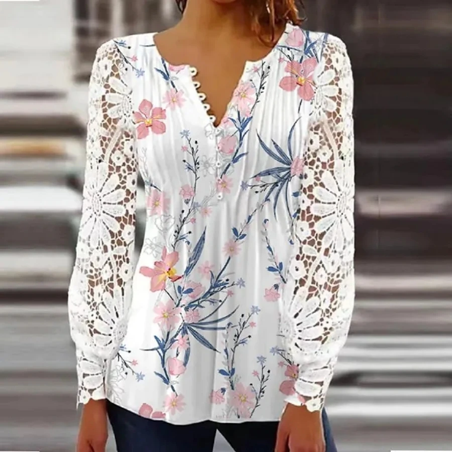 Elegant Loose Lace Shirt Woman Long sleeve Printed Woman Shirt Weekend Casual  Shirt Women